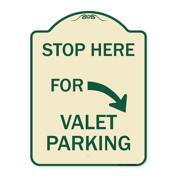 Stop Here for Valet Parking Right Arrow Heavy-Gauge Aluminum Sign, 24" x 18", TG-1824-22853